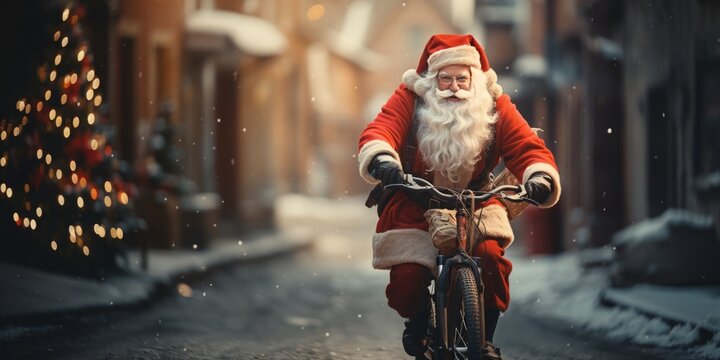 Portrait of Santa Claus riding a bicycle and smiling. A man dressed in a red costume brings New Year's gifts to children. Snow on the street.