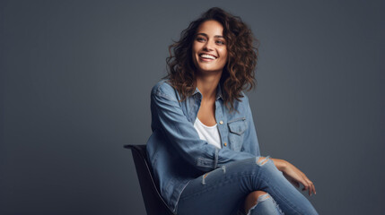 Attractive young fashionable woman sitting on a chair against grey background with rocking denim and copyspace - obrazy, fototapety, plakaty