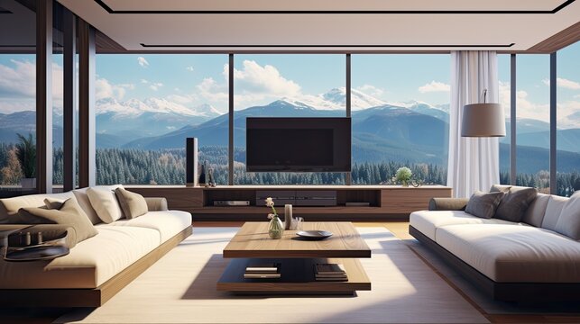 Interior of modern living room with wooden walls, carpet on the floor, panoramic windows and mountain view