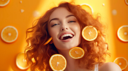 Naklejka premium Beautiful Joyful teen model girl takes Juicy oranges slices with funny red hairstyle and professional make up