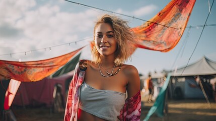 Model sporting a trendy festival outfit, emphasizing freedom and joy, set at a festival campsite