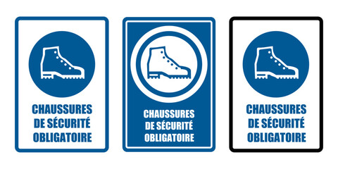 chaussures de sécurité obligatoire equipement sécurité travail EPI icones rond bleu - obrazy, fototapety, plakaty