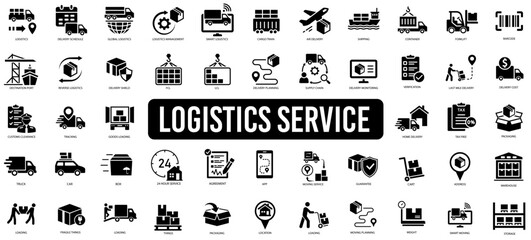Logistics icon set. Shipping, transportation, delivery, cargo, freight, route planning, export and import icon. Vector illustration