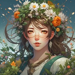A portrait of a fierce warrior adorned with delicate flower crown, created with Generative AI technology