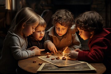 Fototapeta premium Kids play in a board game. AI generative