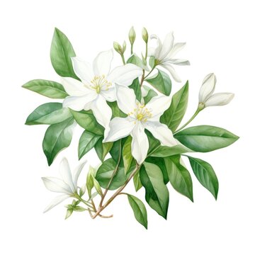 watercolor jasmine flowers illustration on a white background.