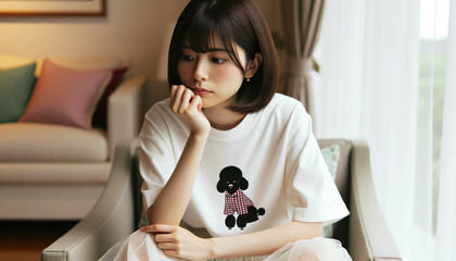 リビングルームにある椅子に座り、考え事をする若くてかわいい日本の25歳の女性、胸にトイプードルのプリントされたTシャツを着ている - obrazy, fototapety, plakaty