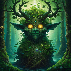A colossal tree spirit with glowing eyes, moss-covered bark, and limbs adorned with ancient runes, created with Generative AI technology