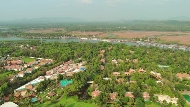 Goa, India: Aerial view of famous Indian summer resort by Arabian Sea, southern part of region with beaches Mobor, Betul and Cavelossim beach - landscape panorama of South Asia from above