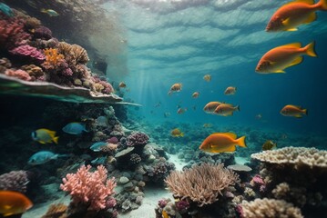 Underwater view of coral reefs and creatures in tropical waters.