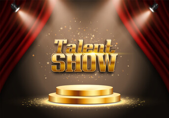 Bright Talent Show sign with podium and red curtain illuminated by spotlights. Vector illustration.