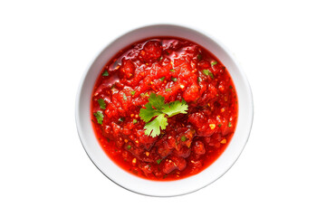 Sauce salsa in bowl on transparent background, top view