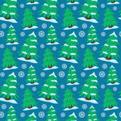Seamless pattern of the winter forest. Christmas tree, snow. Forest green background. Festive Christmas wallpaper. Vector background for winter holidays, Christmas and New Year