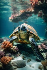 Underwater view of coral reefs and creatures in tropical waters.