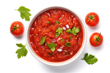 Sauce salsa in bowl on white background, top view - obrazy, fototapety, plakaty