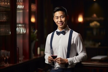 Obraz premium Handsome waiter in uniform with white towel serves wine to guests in restaurant