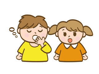 眠くてあくびをする男の子とそれを見て驚く女の子_小学生低学年_幼児
