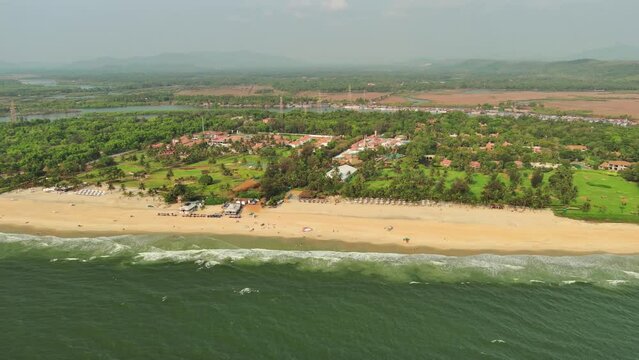 Goa, India: Aerial view of famous Indian summer resort by Arabian Sea, southern part of region with beaches Mobor, Betul and Cavelossim beach - landscape panorama of South Asia from above