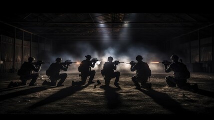 A group of military with weapons training at night - obrazy, fototapety, plakaty