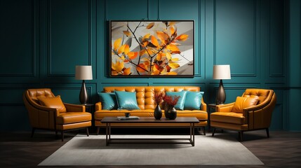 Modernes Wohnzimmer: Stilvoller Sessel, Sofa und Kunstwerke - obrazy, fototapety, plakaty