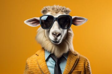 A studio portrait of a funky sheep wearing a business office suit, a tie and huge sunglasses on a yellow background