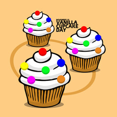 Three vanilla cupcakes topped with colorful chocolate balls, with bold text on light brown background to celebrate National Vanilla Cupcake Day on November 10