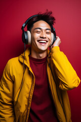 Man male portrait handsome background person music listen headphone earphones young casual cheerful guy happy