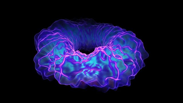 3D rotating luminous torus with wavy surface on black background. Abstract visualization of sound wave, plasma matter or artificial intelligence. Looped animation of digital sound wave