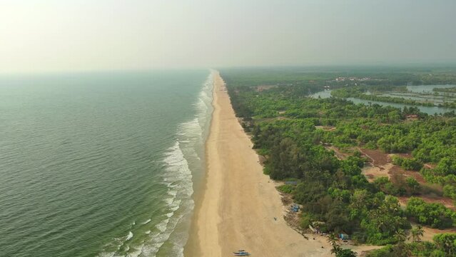 Goa, India: Aerial view of famous Indian summer resort by Arabian Sea, southern part of region with beaches Mobor, Betul and Cavelossim beach - landscape panorama of South Asia from above