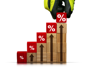 Gloved hand arranging wood blocks as step stair with red and white percentage signs and brown arrows pointing upwards. Isolated on white or transparent background. Png.