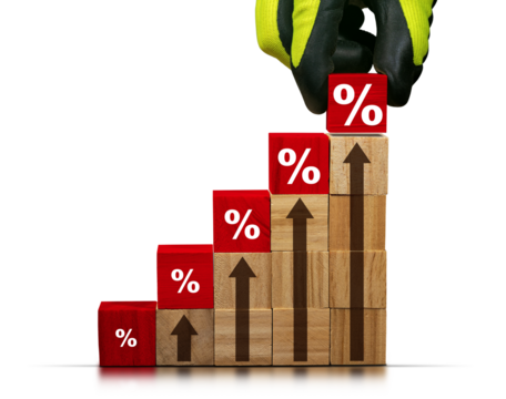 Gloved hand arranging wood blocks as step stair with red and white percentage signs and brown arrows pointing upwards. Isolated on white or transparent background. Png. - Powered by Adobe