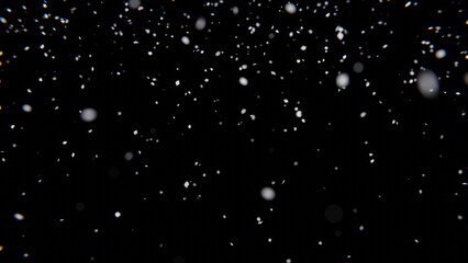 White snow falls in the dark on a black background. Blurred snowflakes in motion. 3d render