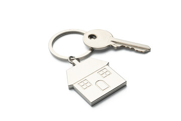 Buying a house concept: house shaped keychain isolated on white background