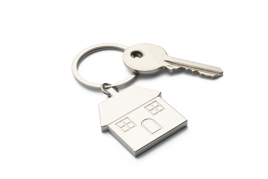 Buying a house concept: house shaped keychain isolated on white background