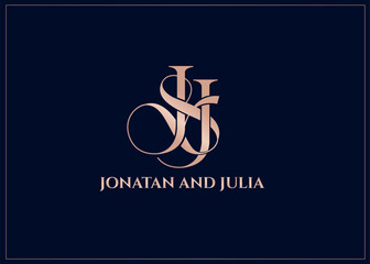 Initial letter J&J JJ luxury art vector logo sign, rose gold color on dark background