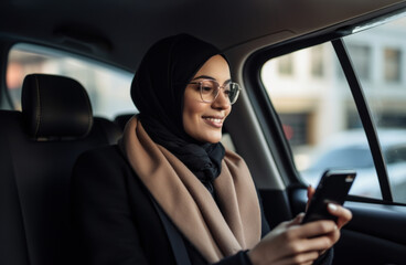 Fototapeta na wymiar Young muslim woman wearing hijab sitting at back seat in taxi, using her smartphone, taxi booking service, phone app, female passenger wearing a headscarf , phot inside car salon