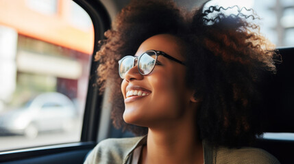 a closeup photo of African-American woman sitting at back seat in a taxi car smiling looking out the window, female passenger, photo inside car salon