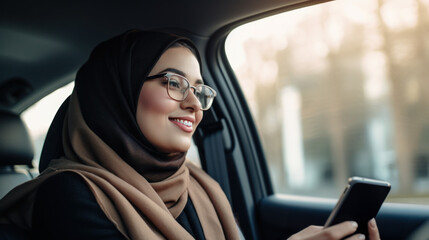 person in the car, young muslim woman wearing hijab sitting at back seat in taxi, using her smartphone, taxi booking service, phone app, female passenger, in headscarf photo in vehicle salon