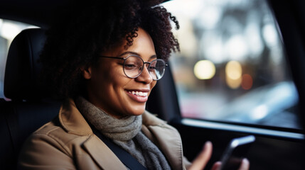 a photo of African-American woman sitting at back seat in a taxi car smiling using smartphone application, taxi booking application, female passenger, close up photo