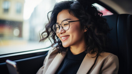 a closeup photo of young asian woman sitting at back seat in a taxi car smiling using smartphone application, female passenger, close up photo in vehicle