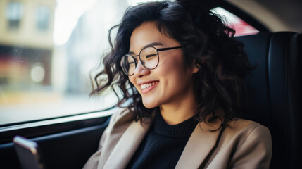 Fototapeta premium a closeup photo of young asian woman sitting at back seat in a taxi car smiling using smartphone application, female passenger, close up photo in vehicle