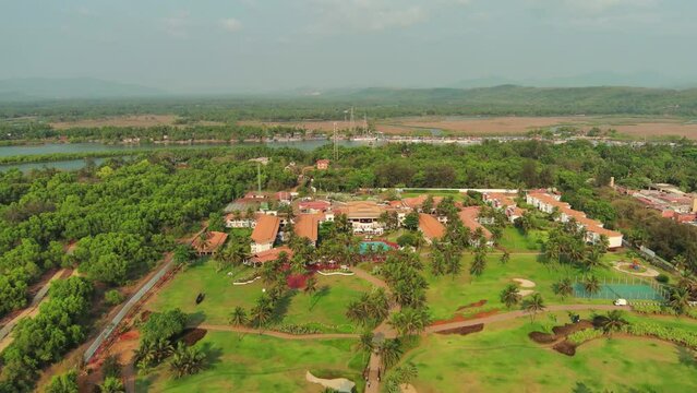 Goa, India: Aerial view of famous Indian summer resort by Arabian Sea, southern part of region with beaches Mobor, Betul and Cavelossim beach - landscape panorama of South Asia from above