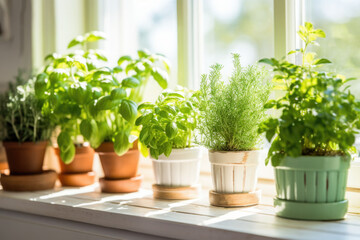 A fresh small culinary herb garden on a sunny windowsill in the kitchen. Generative AI