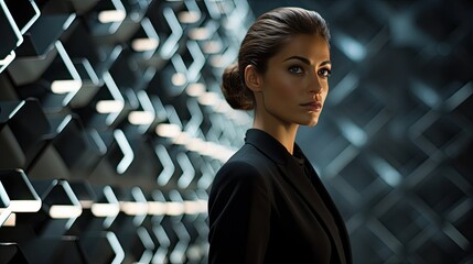 Model reflecting assertiveness in a charcoal business attire, set against an abstract art installation.