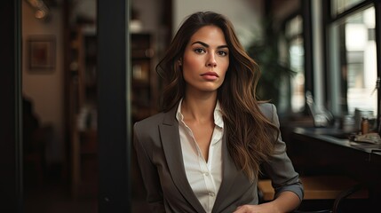 Model with a contemplative expression in a corporate attire, set in a cozy corner office.