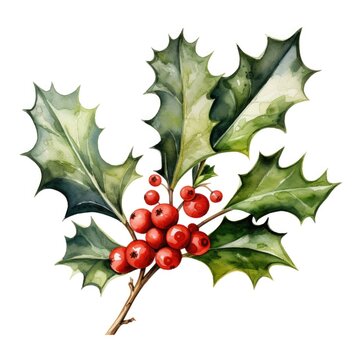 watercolor holly branch with red berries on white