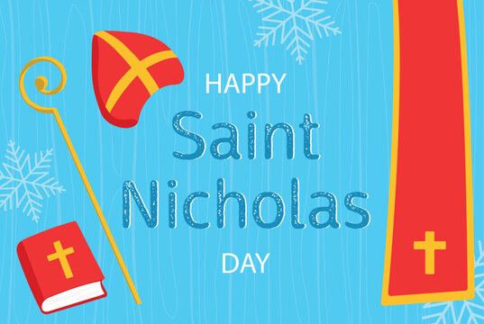 Saint Nicholas Day. Horizontal banner with attributes of Saint Nicholas, hat, bible, candy, staff.