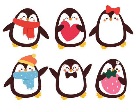 hand drawing cartoon penguin sticker set. cute animal sticker for kids, cute animal icon