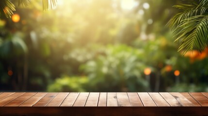 Wooden table top on blur tropical forest background. AI generative