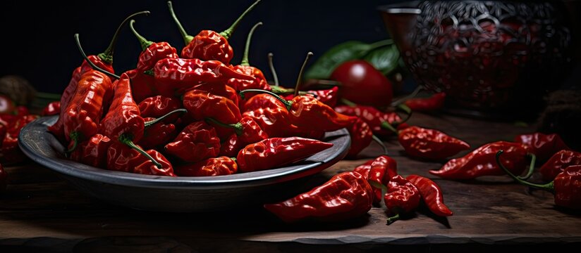 Cook ready Bhut Jolokia Ghost Peppers raw organic and spicy With copyspace for text